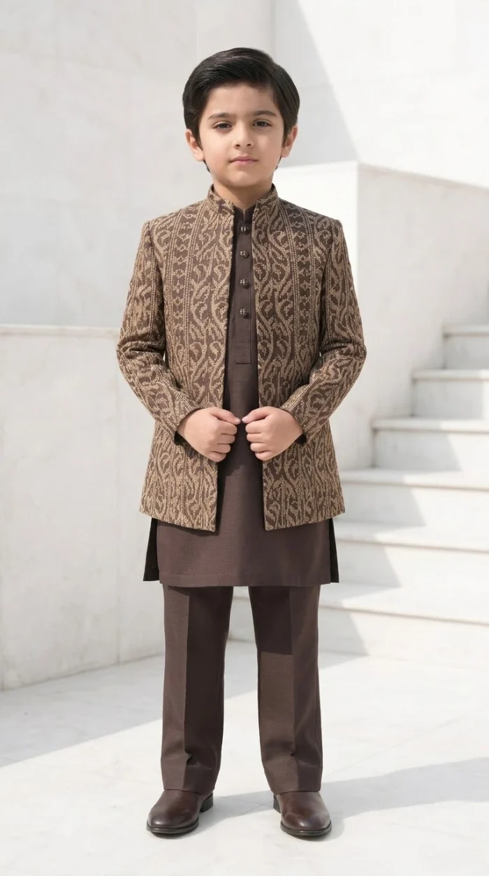 Boys Brown Embroidered Prince Coat – Premium 3-Piece Wedding Outfit Boys Brown Embroidered Prince Coat three-piece outfit with long waistcoat, short coat and matching trousers