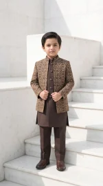 Boys Brown Embroidered Prince Coat Stunning Premium 3-Piece Wedding Outfit - Image 3