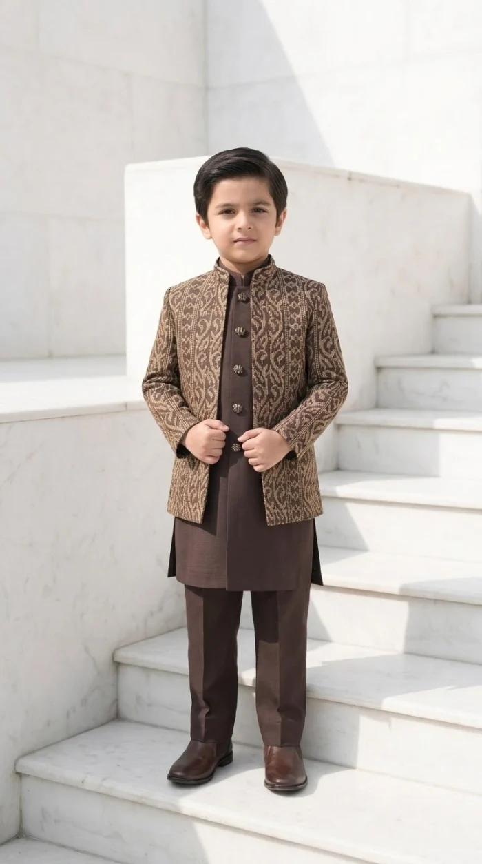 Boys Brown Embroidered Prince Coat Stunning Premium 3-Piece Wedding Outfit - Image 3