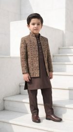 Boys Brown Embroidered Prince Coat Stunning Premium 3-Piece Wedding Outfit - Image 2