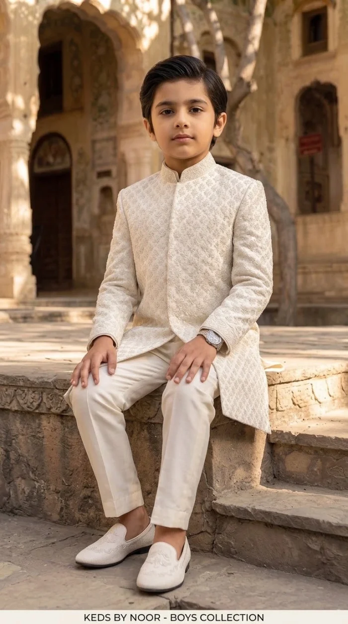 Off-White Boys Sherwani – Stunning Digital Thread Embroidered Design - Image 2