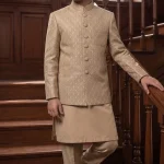 Boys Embroidered Prince Coat with golden beige kurta pajama for wedding