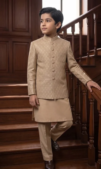 Boys Embroidered Prince Coat with golden beige kurta pajama for wedding