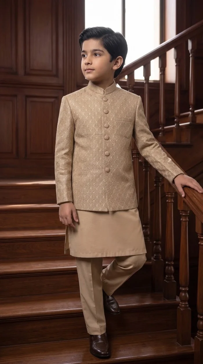 Boys Embroidered Prince Coat – Luxury 3-Piece Wedding Outfit Boys Embroidered Prince Coat with golden beige kurta pajama for wedding