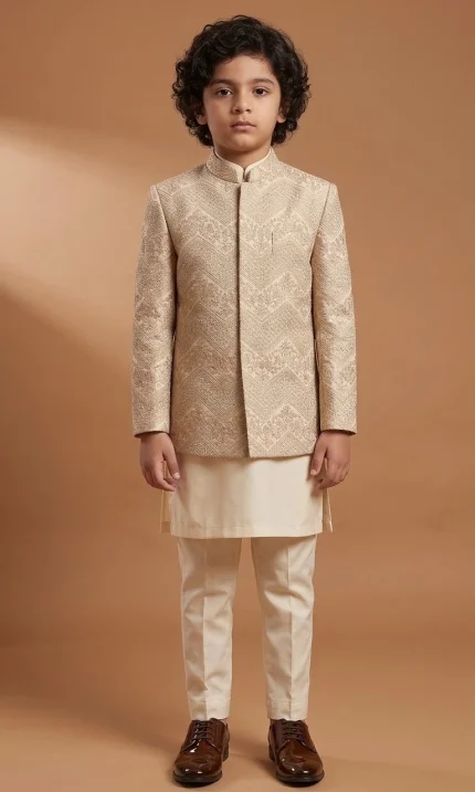 Kids Prince Coat in champagne beige with elegant embroidery, hidden buttons, and ivory raw silk kurta pajama for boys’ wedding wear.