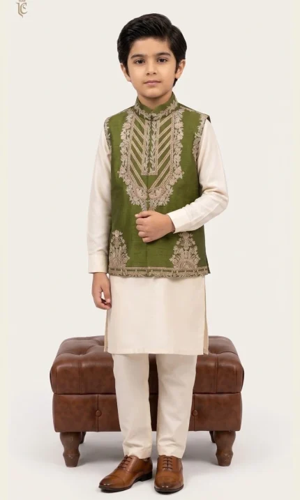 Boys embroidered waistcoat in olive green raw silk with elegant single-hand machine embroidery.