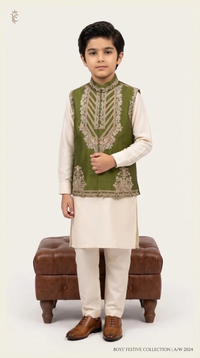 Boys Embroidered Waistcoat – Premium Olive Green Raw Silk Design Boys embroidered waistcoat in olive green raw silk with elegant single-hand machine embroidery.
