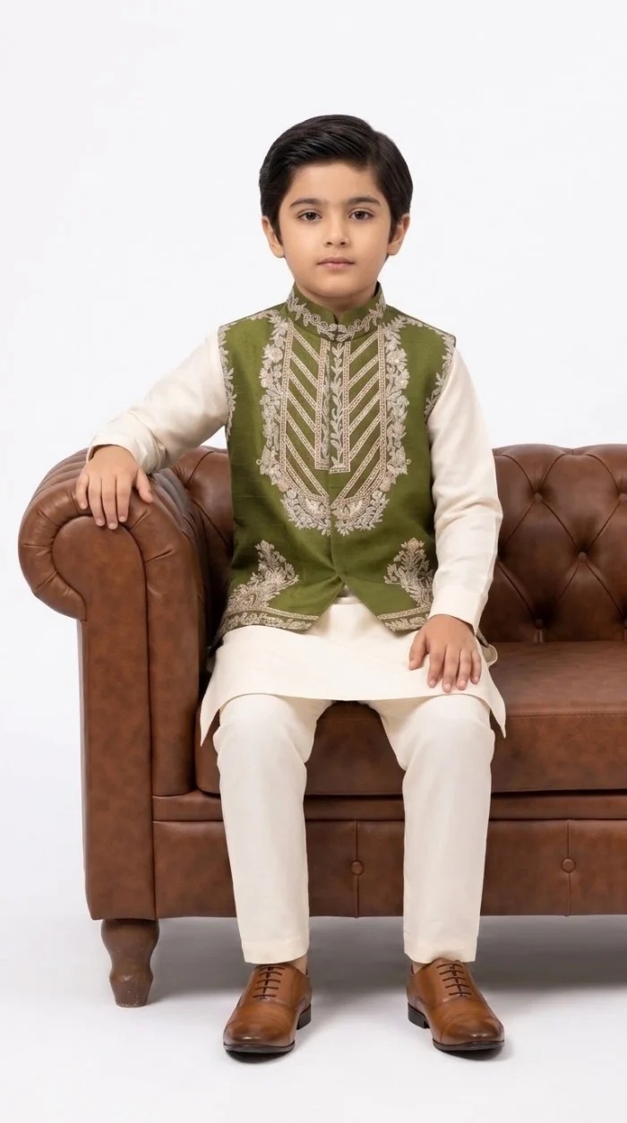 Boys Embroidered Waistcoat 1 Stunning Olive Green Raw Silk Design - Image 2