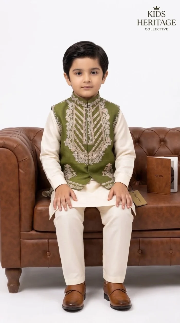 Boys Embroidered Waistcoat 1 Stunning Olive Green Raw Silk Design - Image 3