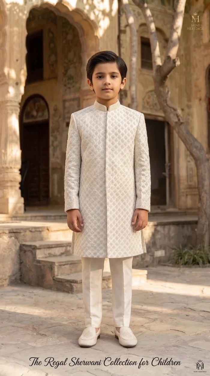 Young boy wearing an off-white plain silk sherwani with elegant digital thread embroidery and matching trousers.