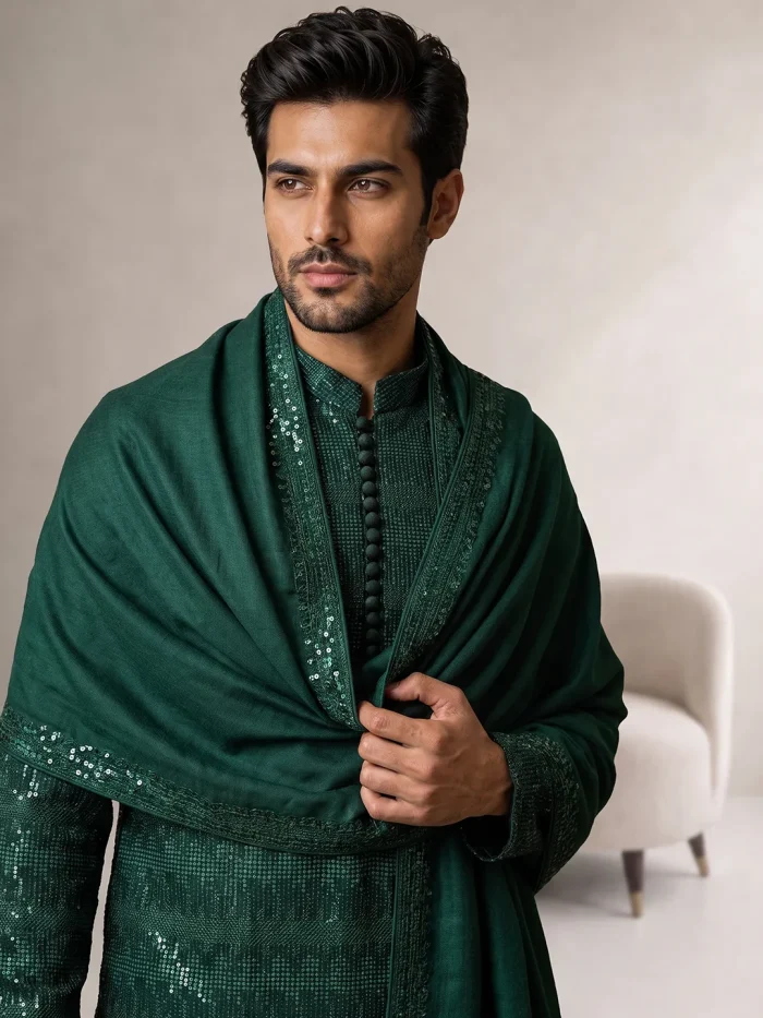 Embroidered Kurta Pajama  Luxury Emerald Green Wedding Wear(KP-23) - Image 5