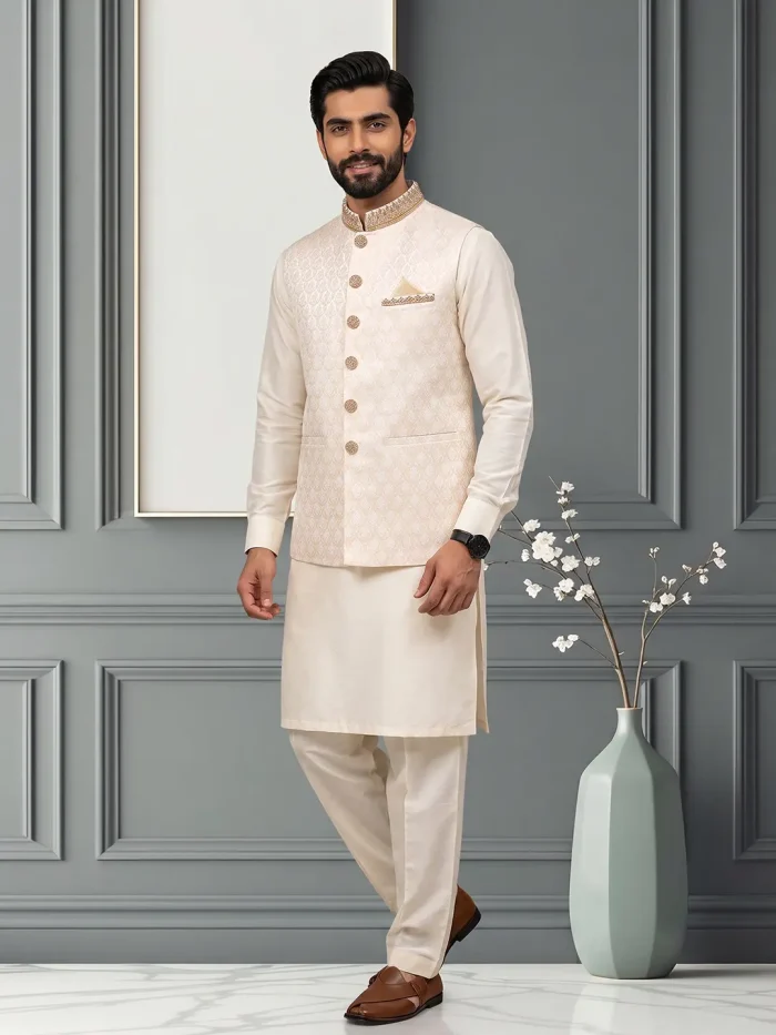 Men's off white Jamawar waistcoat with handmade golden embroidery, paired with traditional kurta pajama.