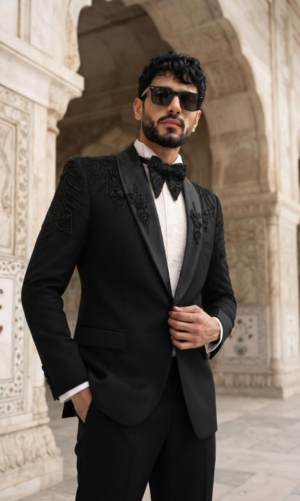 Black handmade embroidered designer tuxedo suit for men with luxury detailing and elegant formal wedding style.