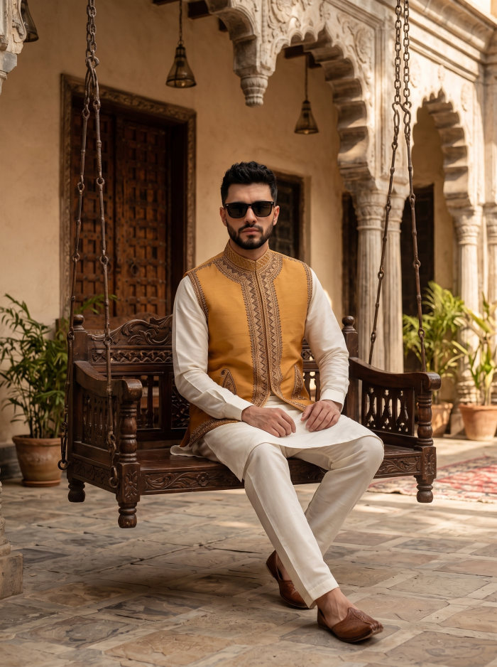 Premium Handmade Raw Silk Waistcoat Elegant Embroidered Men’s Waistcoat - Image 3