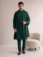 Embroidered Kurta Pajama  Luxury Emerald Green Wedding Wear(KP-23) - Image 3