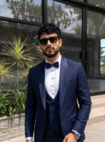 Luxury Tropical Fabric Designer Three Piece Suit for Men Premium Navy Blue Formal Wear - Image 2