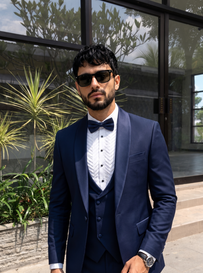 Luxury Tropical Fabric Designer Three Piece Suit for Men Premium Navy Blue Formal Wear - Image 2