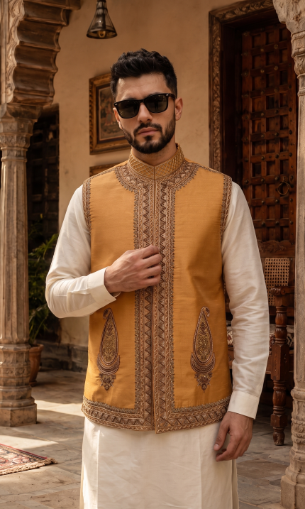 Handmade Raw Silk Waistcoat with elegant handmade embroidery for men