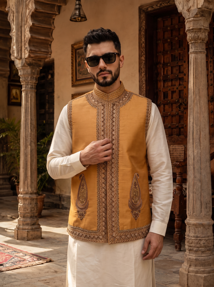 Handmade Raw Silk Waistcoat with elegant handmade embroidery for men