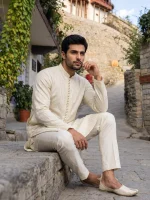 Luxury Ivory Embroidered Kurta Pajama Timeless Eastern Elegance (KP-22) - Image 3