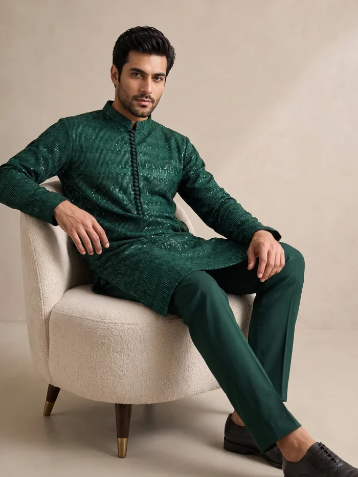 Embroidered Kurta Pajama  Luxury Emerald Green Wedding Wear(KP-23) - Image 4