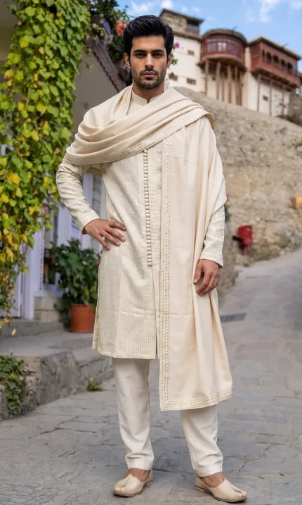 Luxury ivory embroidered kurta pajama for men with matching shawl, ideal for weddings, Eid and formal occasions.