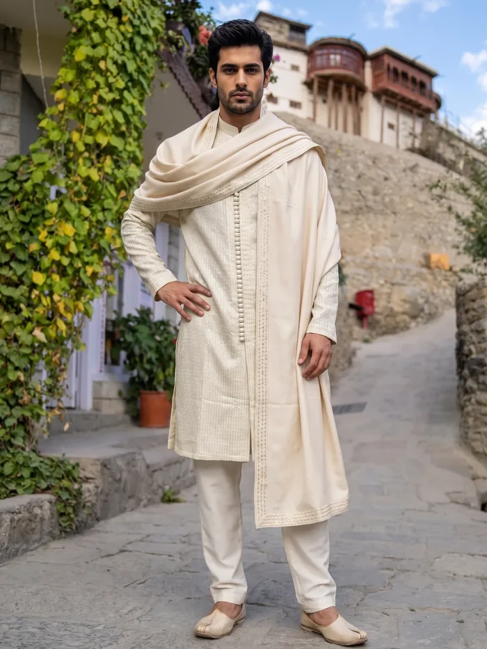 Luxury ivory embroidered kurta pajama for men with matching shawl, ideal for weddings, Eid and formal occasions.