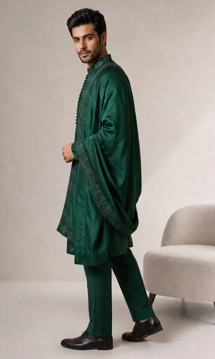 Male model wearing a luxury emerald green embroidered kurta pajama with a matching embellished shawl for weddings and festive occasions.