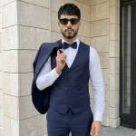 Navy Blue Designer Suit Three Piece Single Breast Peak Lapel Tropical Fabric
