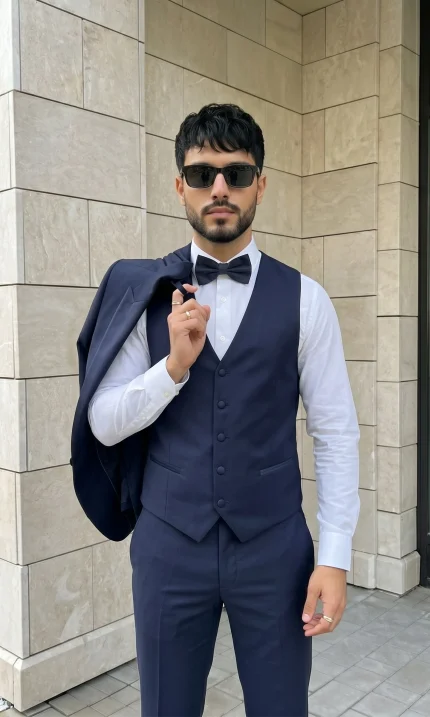 Navy Blue Designer Suit Three Piece Single Breast Peak Lapel Tropical Fabric
