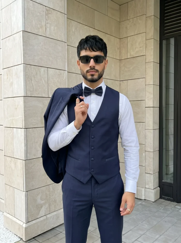 Designer Suit – Premium Navy Blue 3 Piece Peak Lapel Suit Navy Blue Designer Suit Three Piece Single Breast Peak Lapel Tropical Fabric