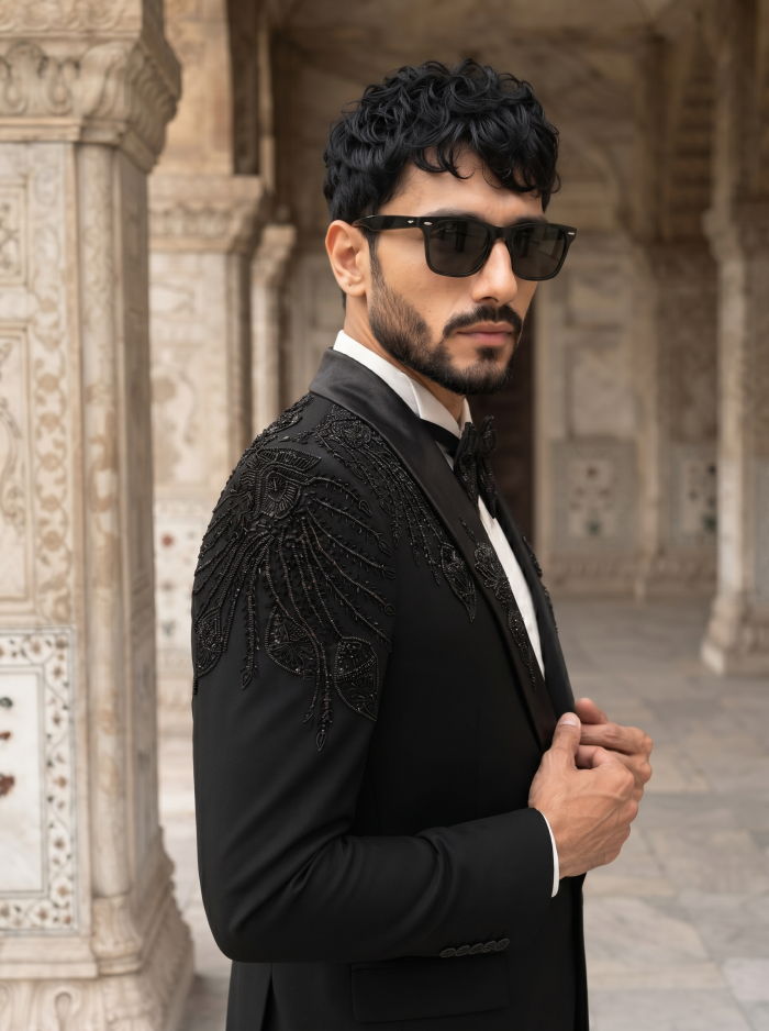 Designer Tuxedo Suit 7 Stunning Features of This Black Handmade Embroidered Style - Image 4