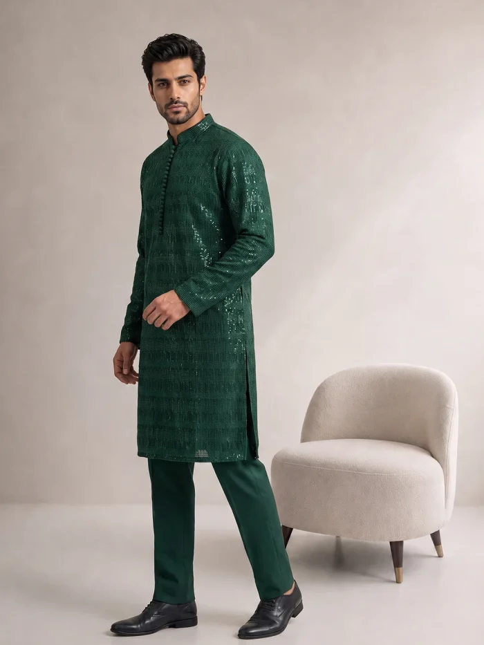 Embroidered Kurta Pajama  Luxury Emerald Green Wedding Wear(KP-23) - Image 6