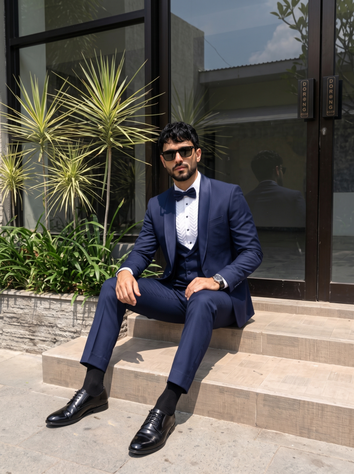 Luxury Tropical Fabric Designer Three Piece Suit for Men Premium Navy Blue Formal Wear - Image 5