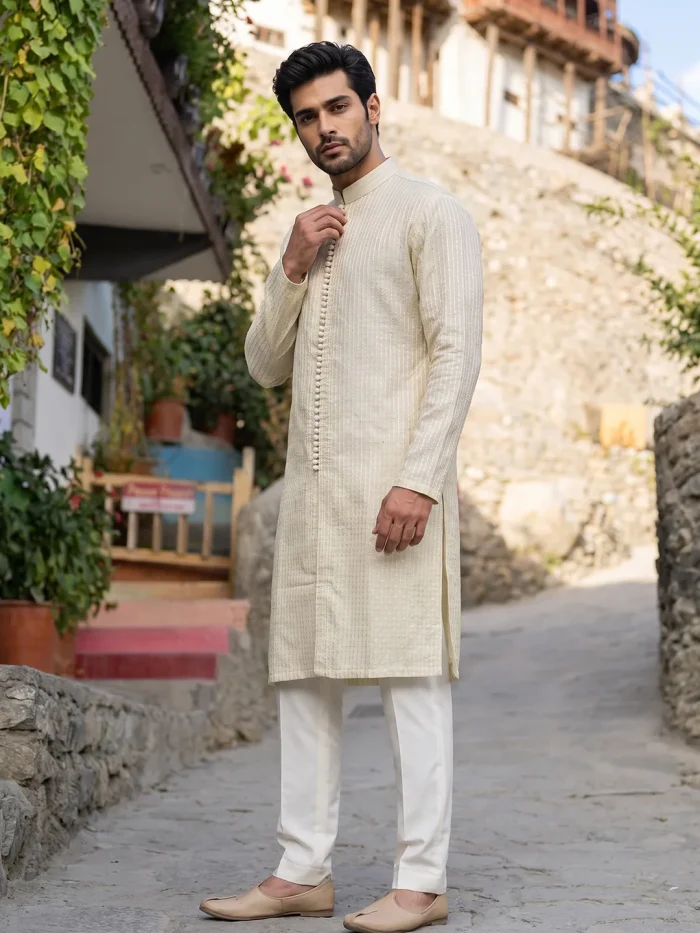 Luxury Ivory Embroidered Kurta Pajama Timeless Eastern Elegance (KP-22) - Image 5