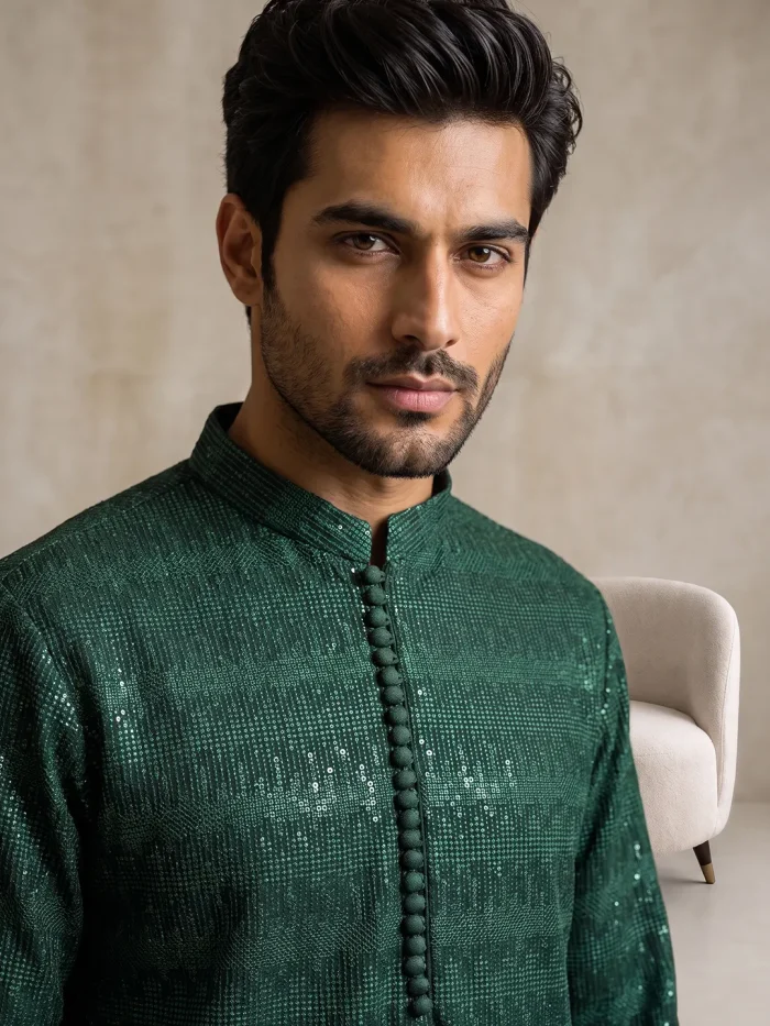 Embroidered Kurta Pajama  Luxury Emerald Green Wedding Wear(KP-23) - Image 2
