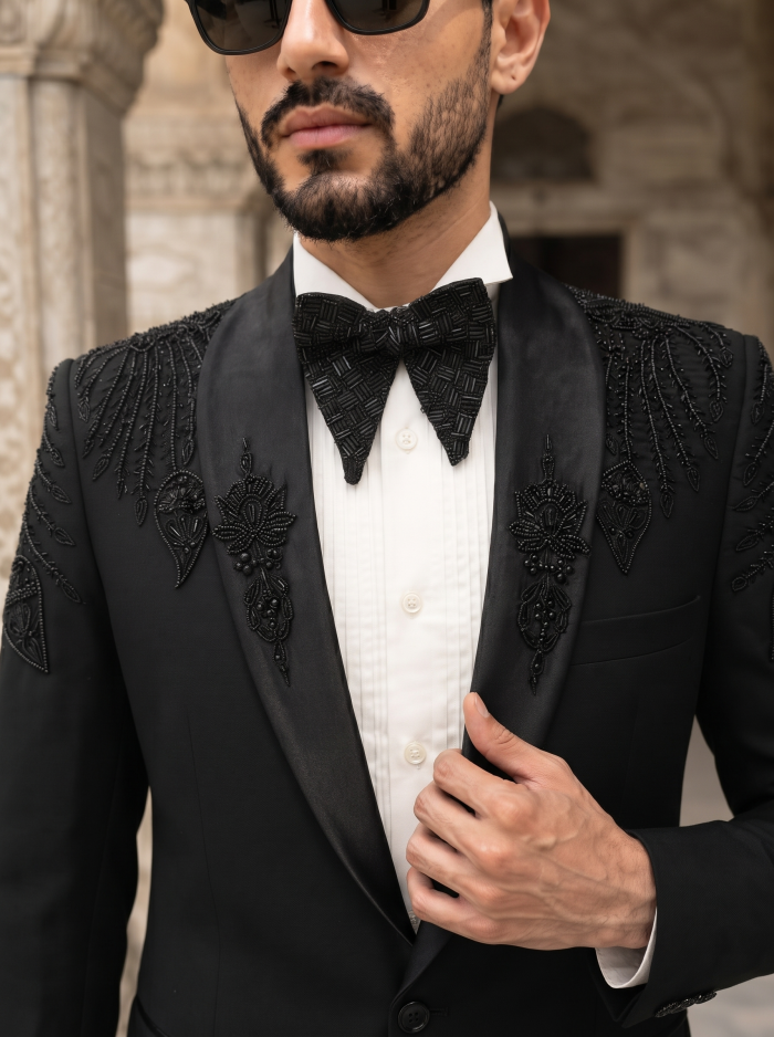 Designer Tuxedo Suit 7 Stunning Features of This Black Handmade Embroidered Style - Image 2