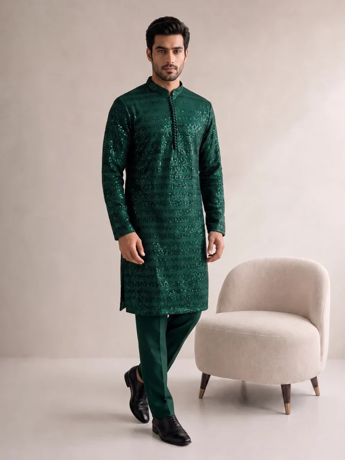 Embroidered Kurta Pajama  Luxury Emerald Green Wedding Wear(KP-23) - Image 7
