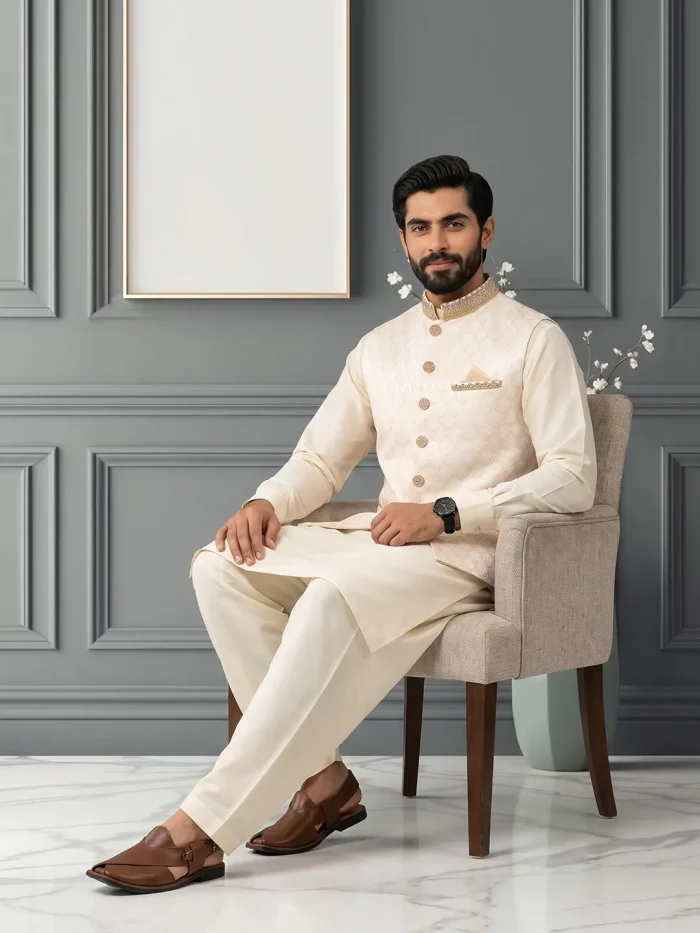 Jamawar Waistcoat Stunning Handmade Embroidered Men’s Waistcoat (W-26) - Image 6