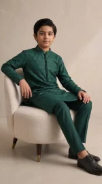 Boys Dark Green Embroidered Kurta Pajama – Stunning Custom-Made Style - Image 3