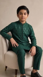 Boys Dark Green Embroidered Kurta Pajama – Stunning Custom-Made Style - Image 2