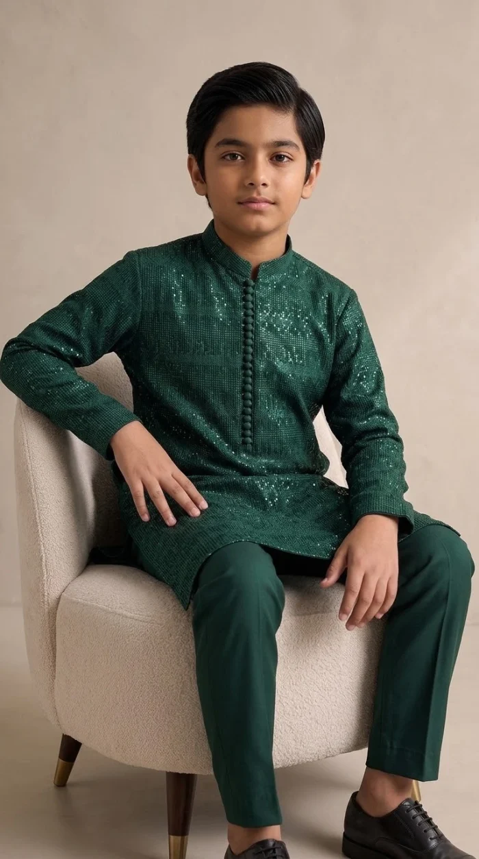 Boys Dark Green Embroidered Kurta Pajama – Stunning Custom-Made Style - Image 2