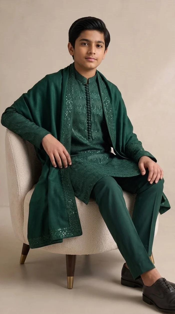 Boys Dark Green Embroidered Kurta Pajama – Luxury Custom-Made Kids Formal Wear Boys dark green embroidered kurta pajama in premium raw silk, custom-made traditional wear for weddings and Eid.