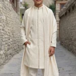 Alt Text: Boys Off White Embroidered Kurta Pajama with Matching Shawl and Pajama