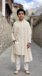 Alt Text: Boys Off White Embroidered Kurta Pajama with Matching Shawl and Pajama