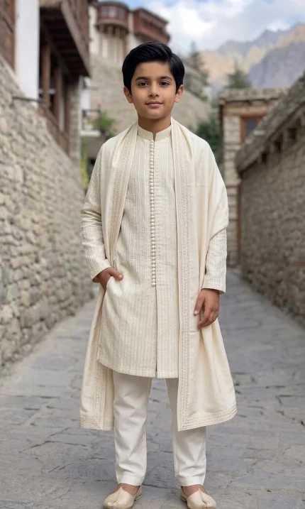 Alt Text: Boys Off White Embroidered Kurta Pajama with Matching Shawl and Pajama