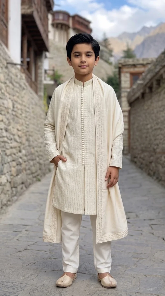 Boys Off White Embroidered Kurta Pajama – Premium Traditional Outfit with Shawl Alt Text: Boys Off White Embroidered Kurta Pajama with Matching Shawl and Pajama