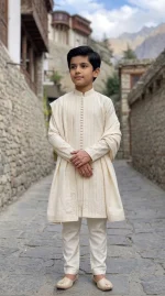 Boys Off White Embroidered Kurta Pajama  Stunning Premium Outfit with Shawl - Image 2