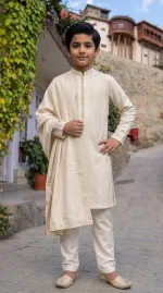 Boys Off White Embroidered Kurta Pajama  Stunning Premium Outfit with Shawl - Image 3