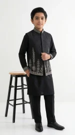 Boys Black Embroidered Waistcoat Premium 3 Piece Traditional Outfit - Image 2